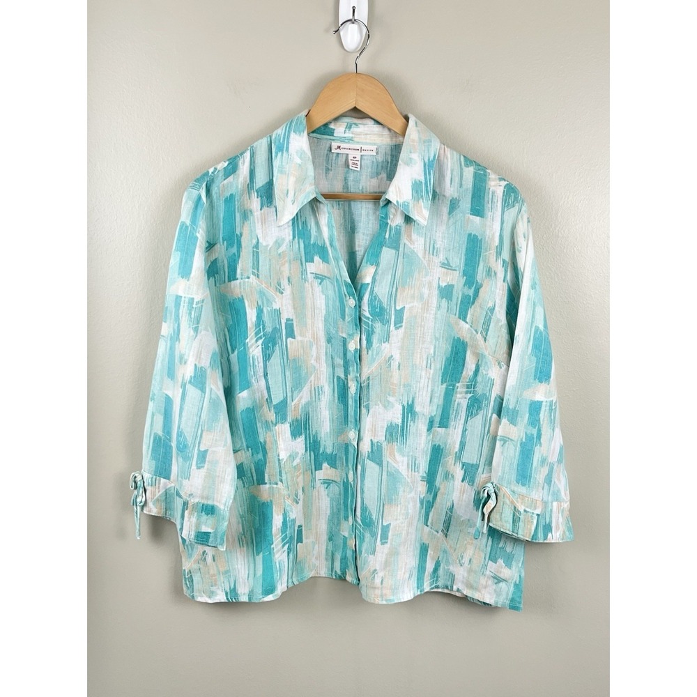 JM Collection Women's 16p Button Up 100% Linen 3/4 Sleeve Coastal Beach Resort